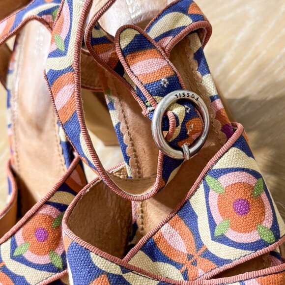 Fossil Retro Ramona Heeled Sandals Multicolor Flower Print Wooden Heels - Picture 2 of 7